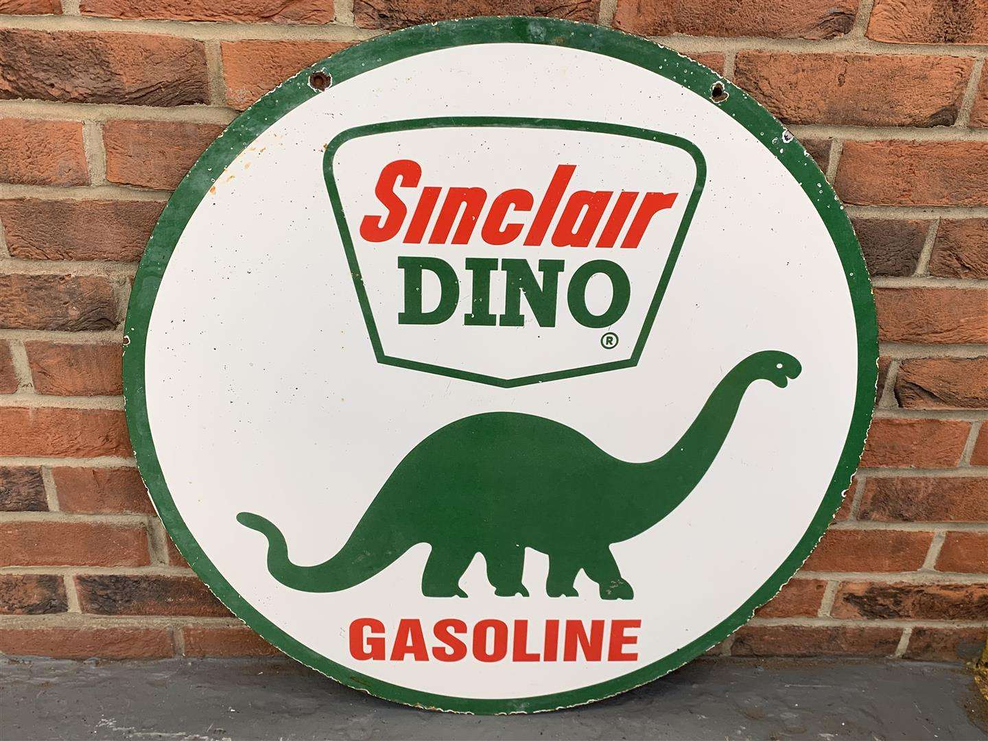 <p>Enamel Circular Sinclair Dino Gasoline Sign</p>