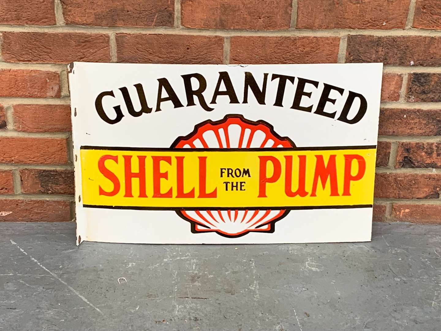 <p>Enamel “Shell From The Pump” Flanged Sign</p>