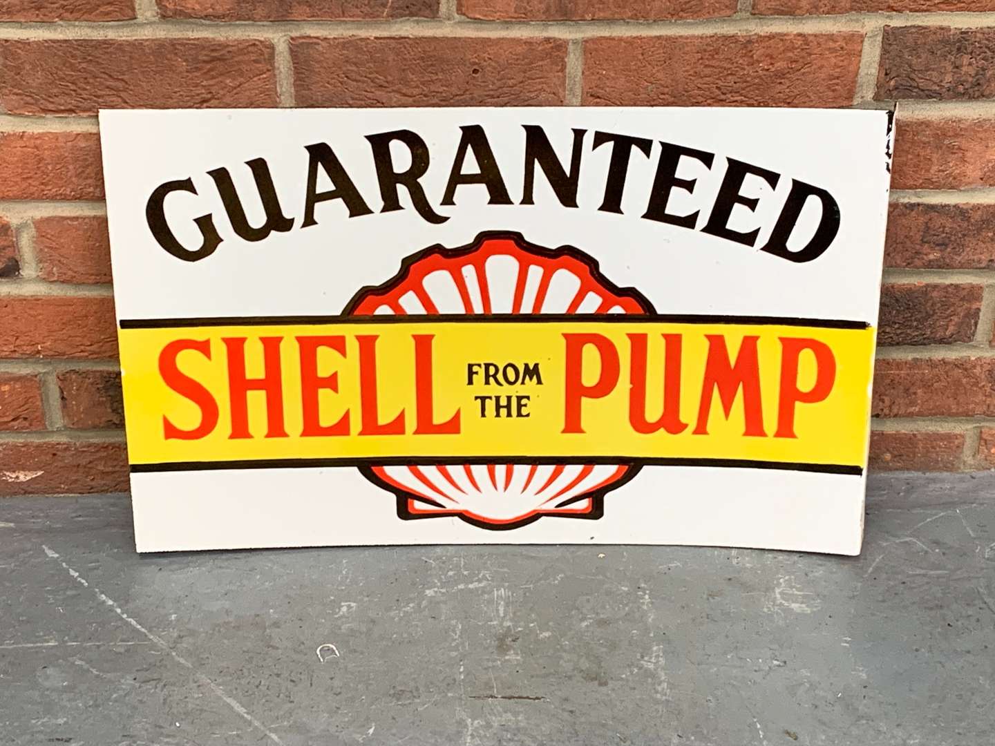 <p>Enamel “Shell From The Pump” Flanged Sign</p>