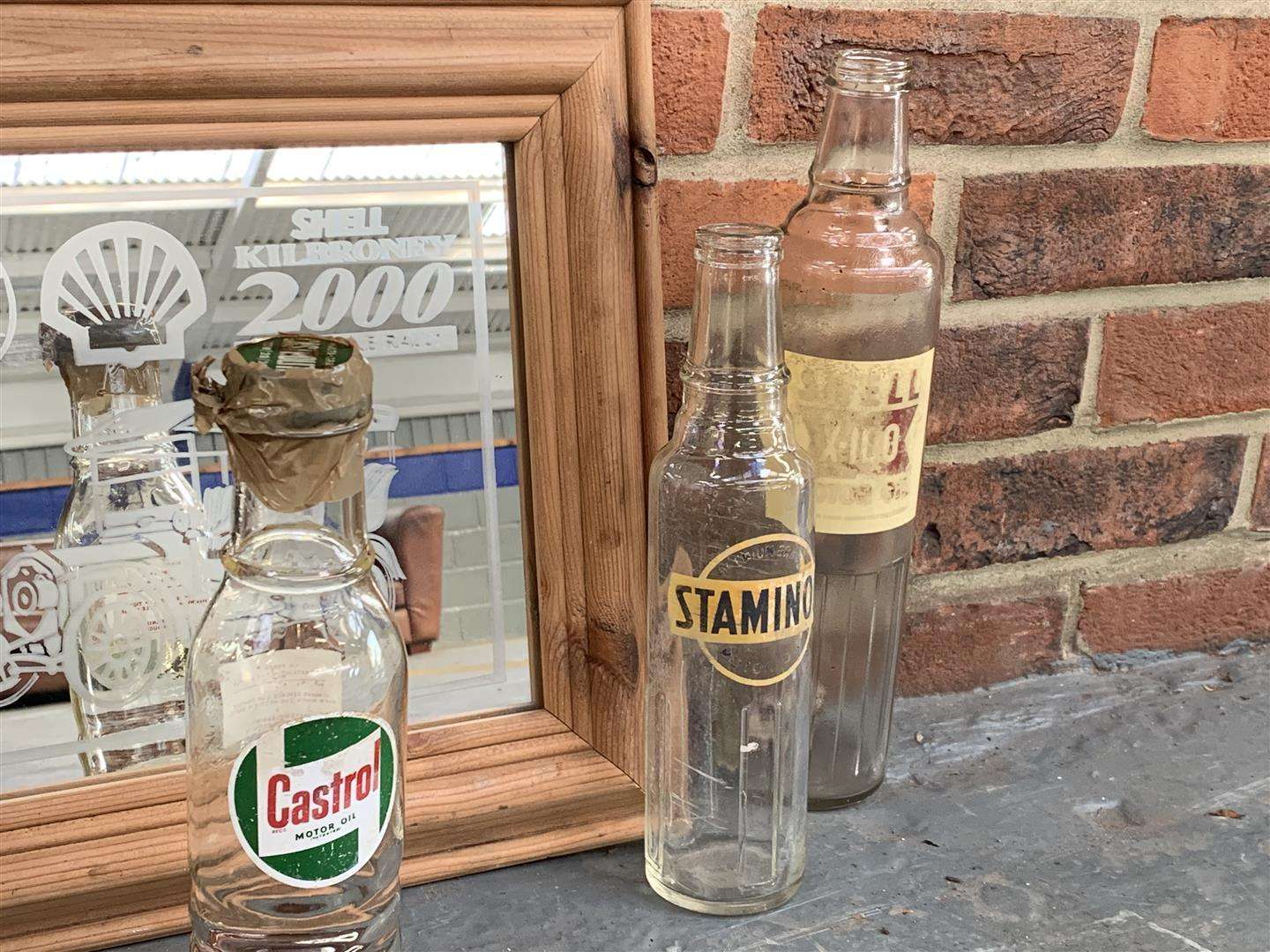 <p>Five Glass Oil Bottles &amp; Pine Framed Shell Mirror (6)</p>