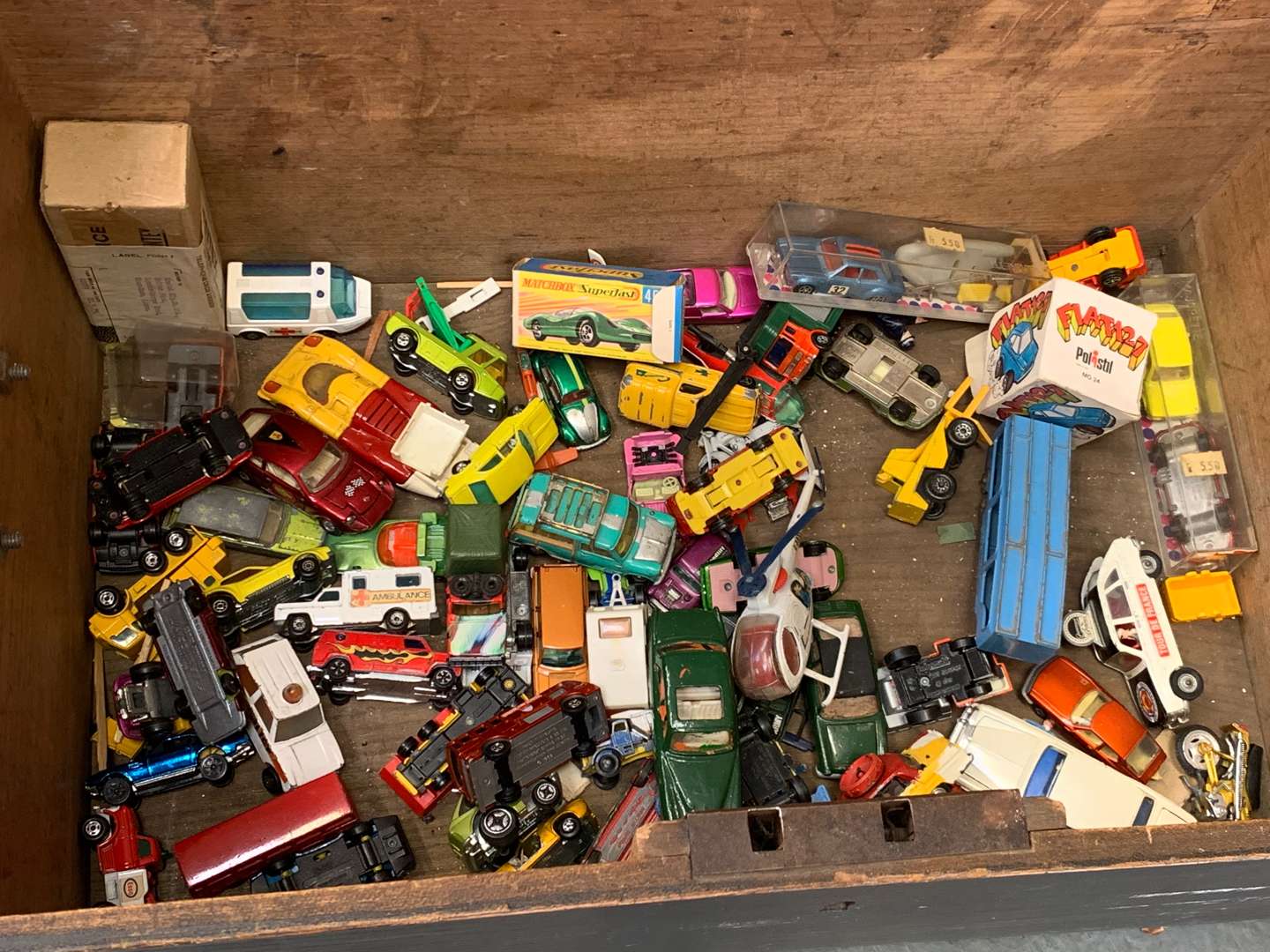 <p>Wooden Box Of Die Cast Toys</p>