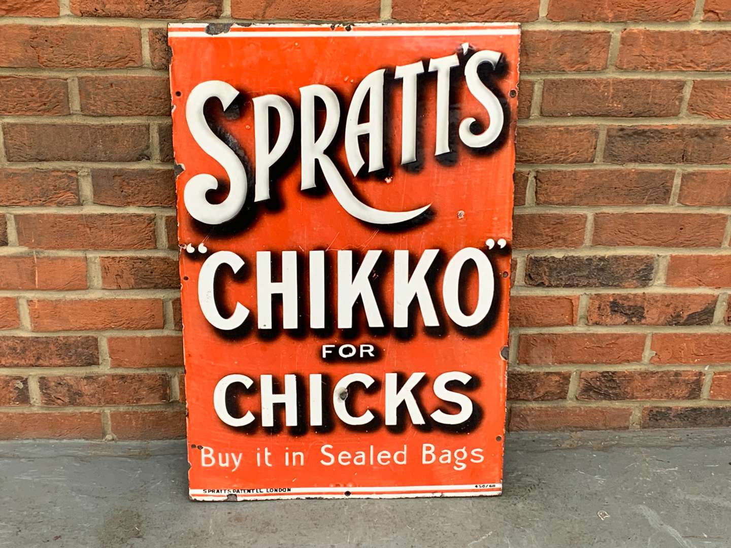 <p>Original Spratts “Chicko” For Chicks Enamel Sign</p>