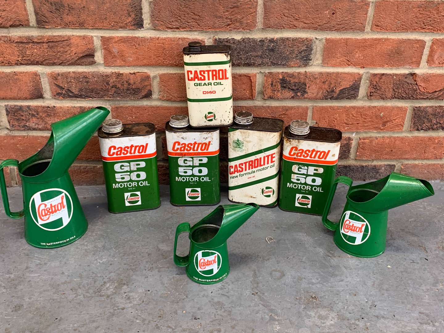 <p>Five Castrol Oil Cans and Three oil Pourers (8)</p>