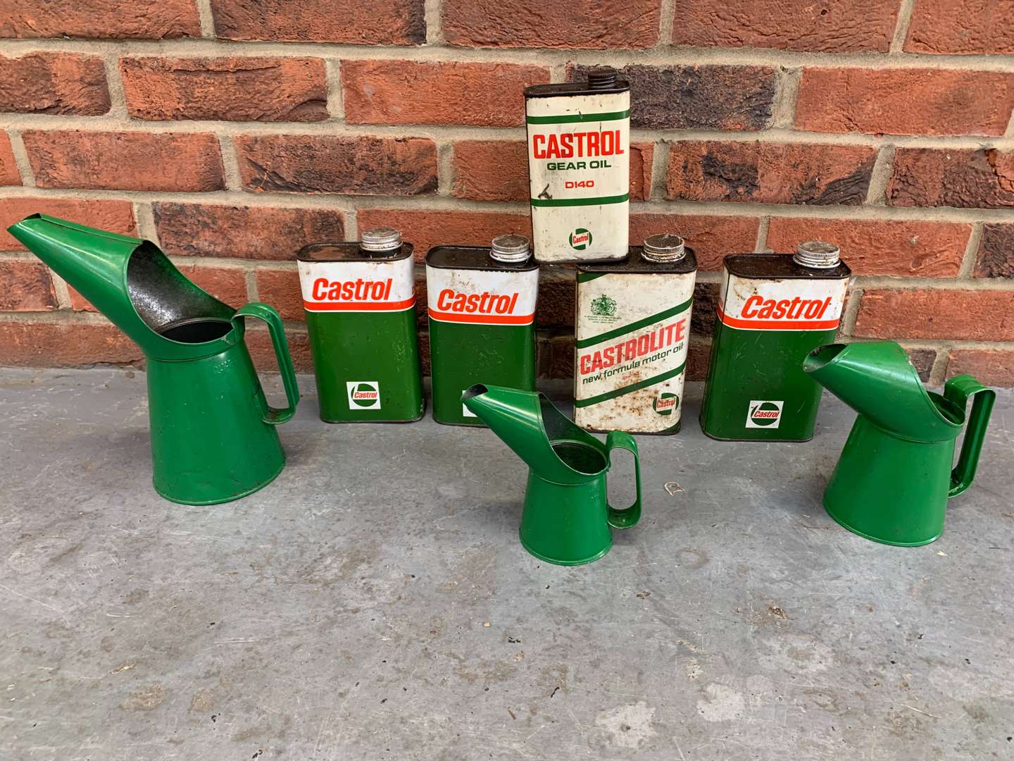 <p>Five Castrol Oil Cans and Three oil Pourers (8)</p>