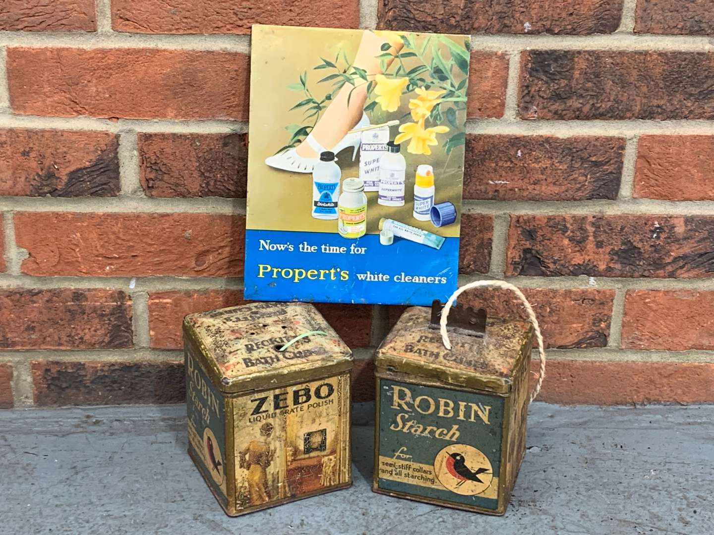 <p>Two Vintage Advertising Tins and Properts Small Tin Sign (3)</p>