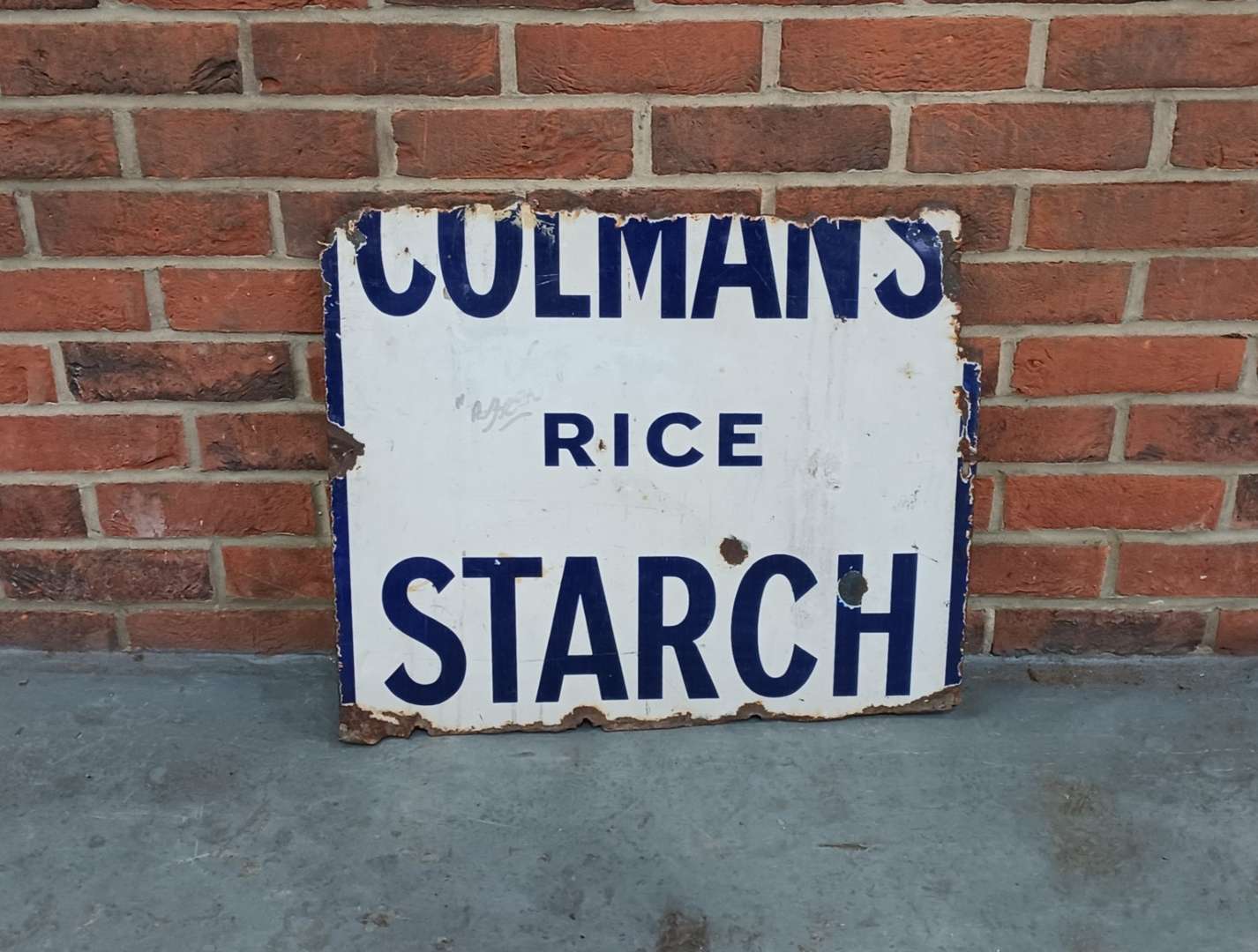 <p>Colmans Rice Starch Enamel Sign a/f</p>
