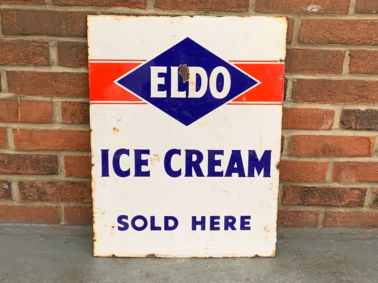 <p>Eldo Ice Cream Sold Here Enamel Sign</p>