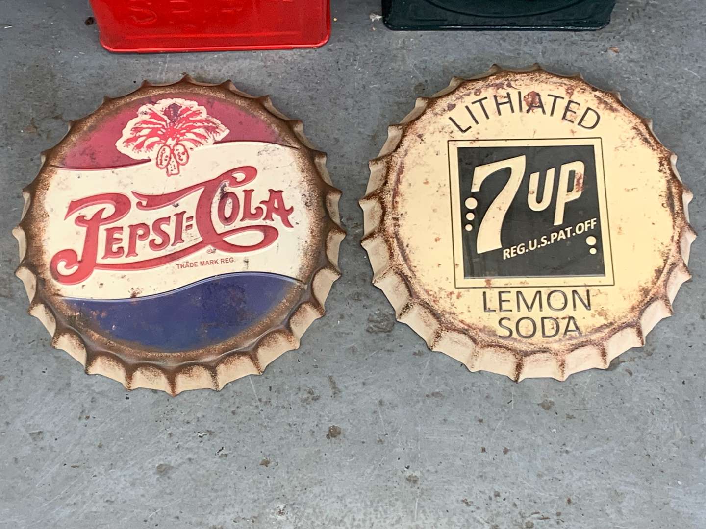<p>Two Vintage Two Gallon Fuel Cans and Pepsi Cola and 7up Metal Signs (4)</p>